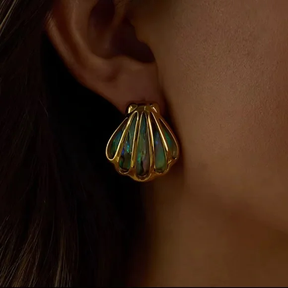 Ocean Shell Colored Earrings 18K Gold Color Plated Stainless Steel - Picture 4 of 12